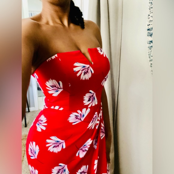 Express Faux Wrap Floral Print Strapless Midi Sexy Date Night Beach Vibes Dress - Picture 4 of 8